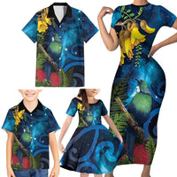 Tui Bird New Zealand Starry Sky Family Matching Short Sleeve Bodycon Dress and Hawaiian Shirt Maori Koru LT7 - Polynesian Pride