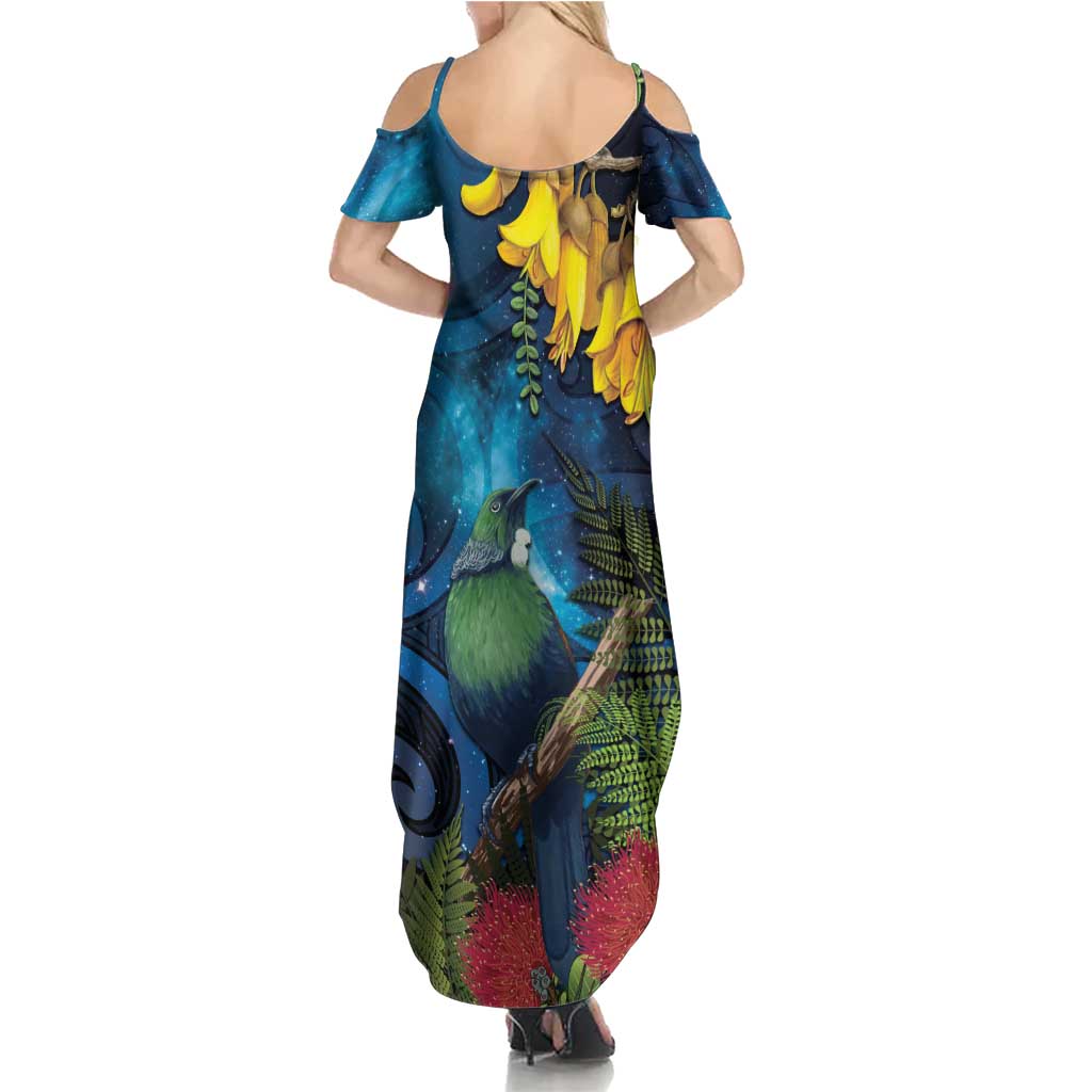 Tui Bird New Zealand Starry Sky Family Matching Summer Maxi Dress and Hawaiian Shirt Maori Koru LT7 - Polynesian Pride