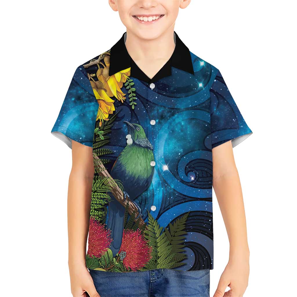 Tui Bird New Zealand Starry Sky Family Matching Summer Maxi Dress and Hawaiian Shirt Maori Koru LT7 Son's Shirt Galaxy - Polynesian Pride