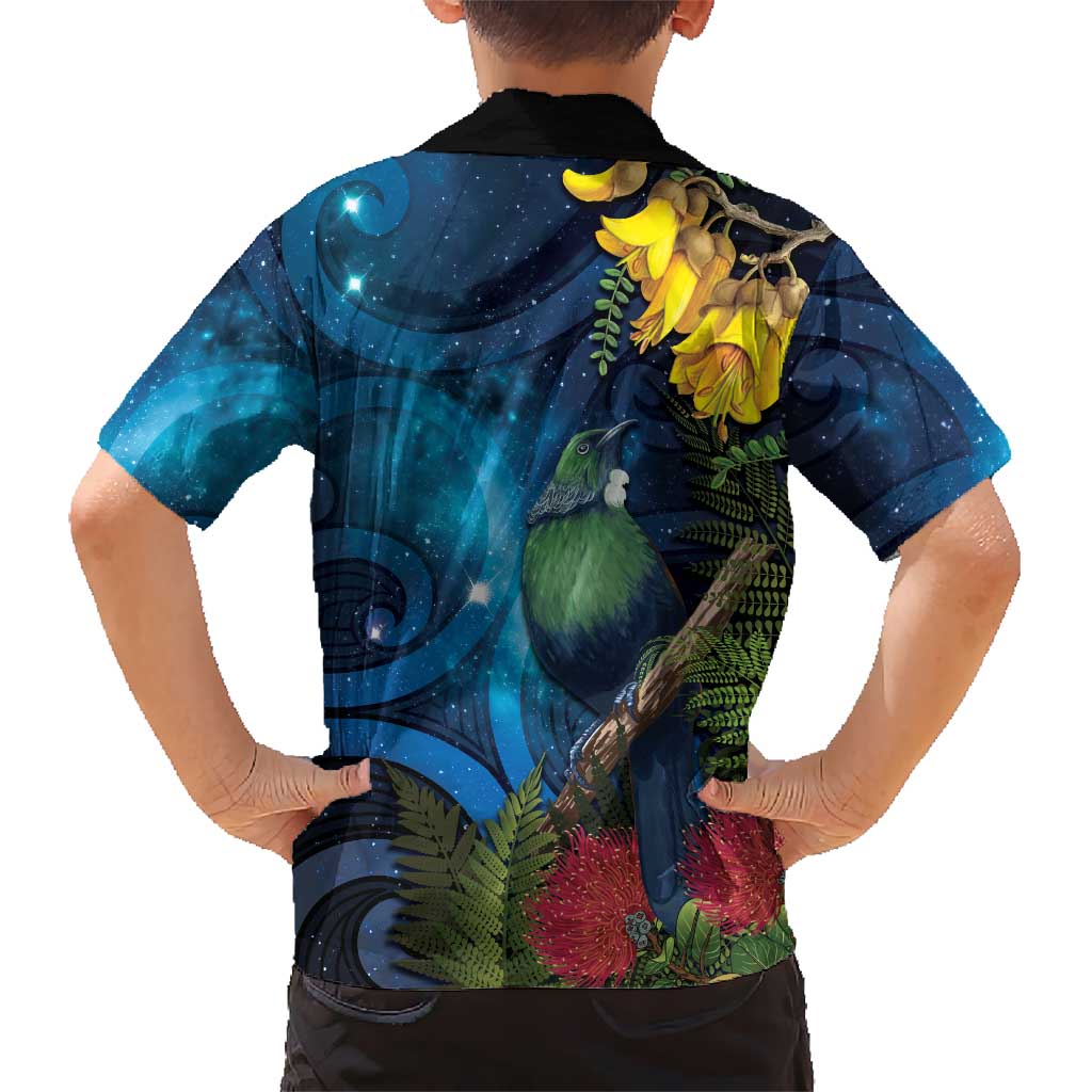 Tui Bird New Zealand Starry Sky Kid Hawaiian Shirt Maori Koru LT7 - Polynesian Pride