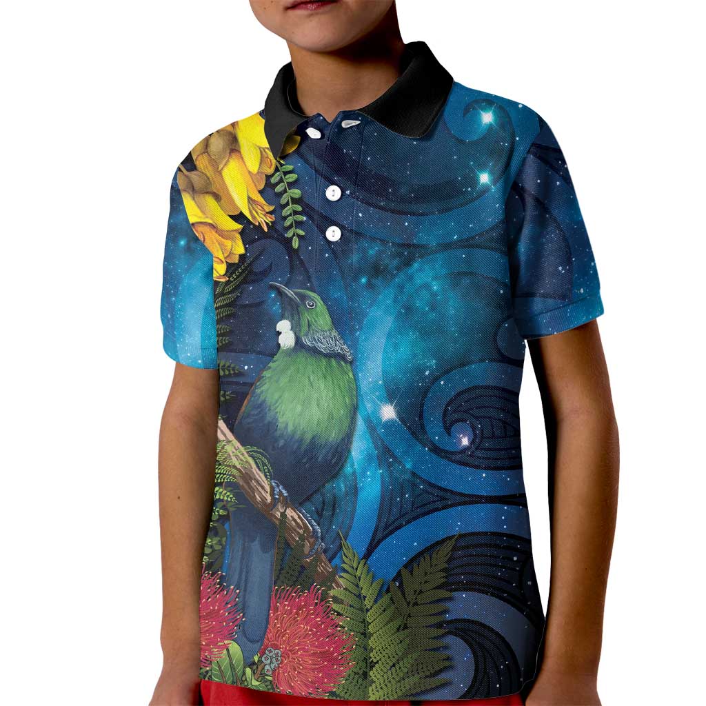 Tui Bird New Zealand Starry Sky Kid Polo Shirt Maori Koru