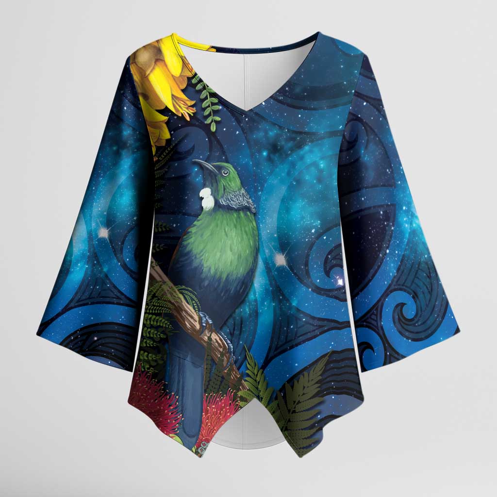 Tui Bird New Zealand Starry Sky Kimono Sleeve Blouse Maori Koru
