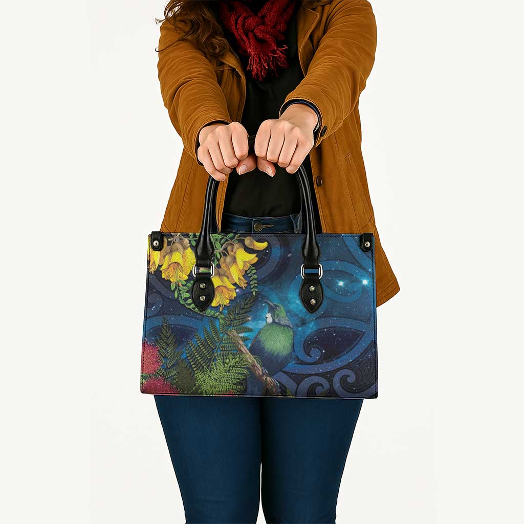 Tui Bird New Zealand Starry Sky Leather Bag Maori Koru