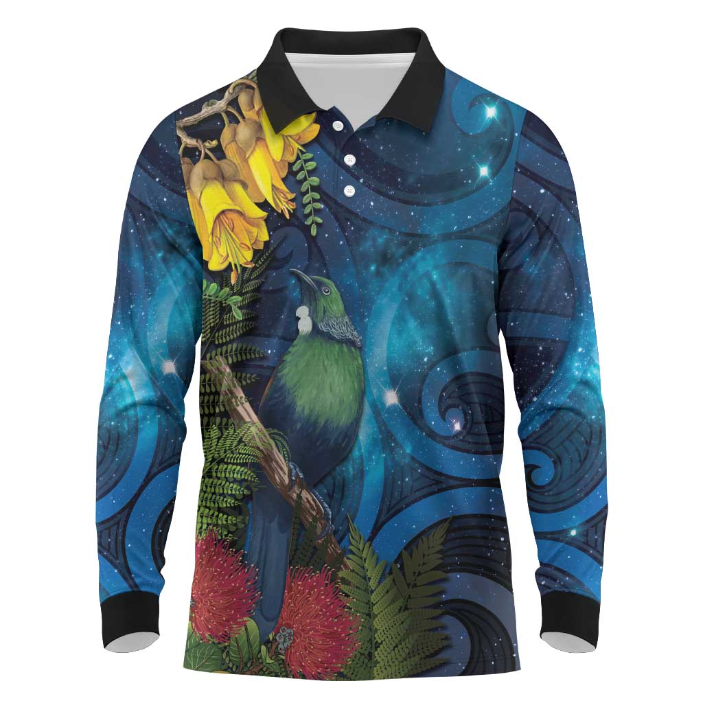 Tui Bird New Zealand Starry Sky Long Sleeve Polo Shirt Maori Koru LT7 Galaxy - Polynesian Pride