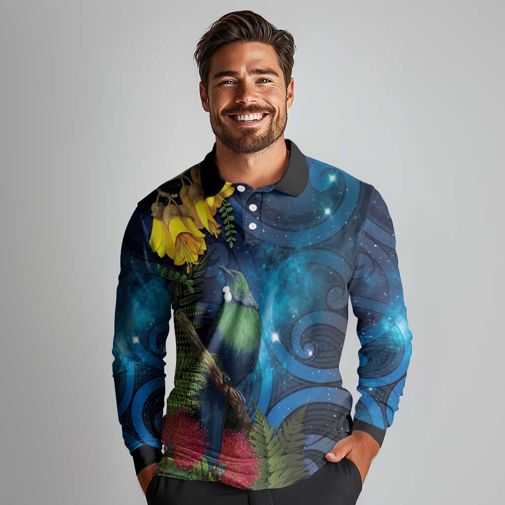 Tui Bird New Zealand Starry Sky Long Sleeve Polo Shirt Maori Koru LT7 - Polynesian Pride