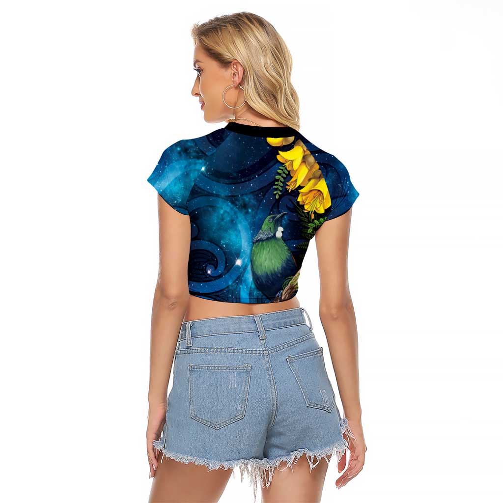Tui Bird New Zealand Starry Sky Raglan Cropped T Shirt Maori Koru