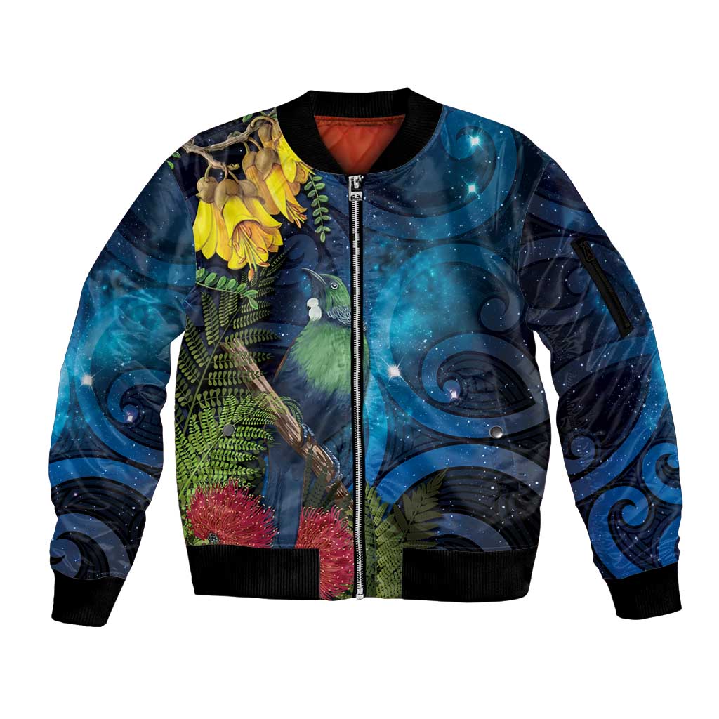 Tui Bird New Zealand Starry Sky Sleeve Zip Bomber Jacket Maori Koru