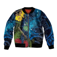 Tui Bird New Zealand Starry Sky Sleeve Zip Bomber Jacket Maori Koru