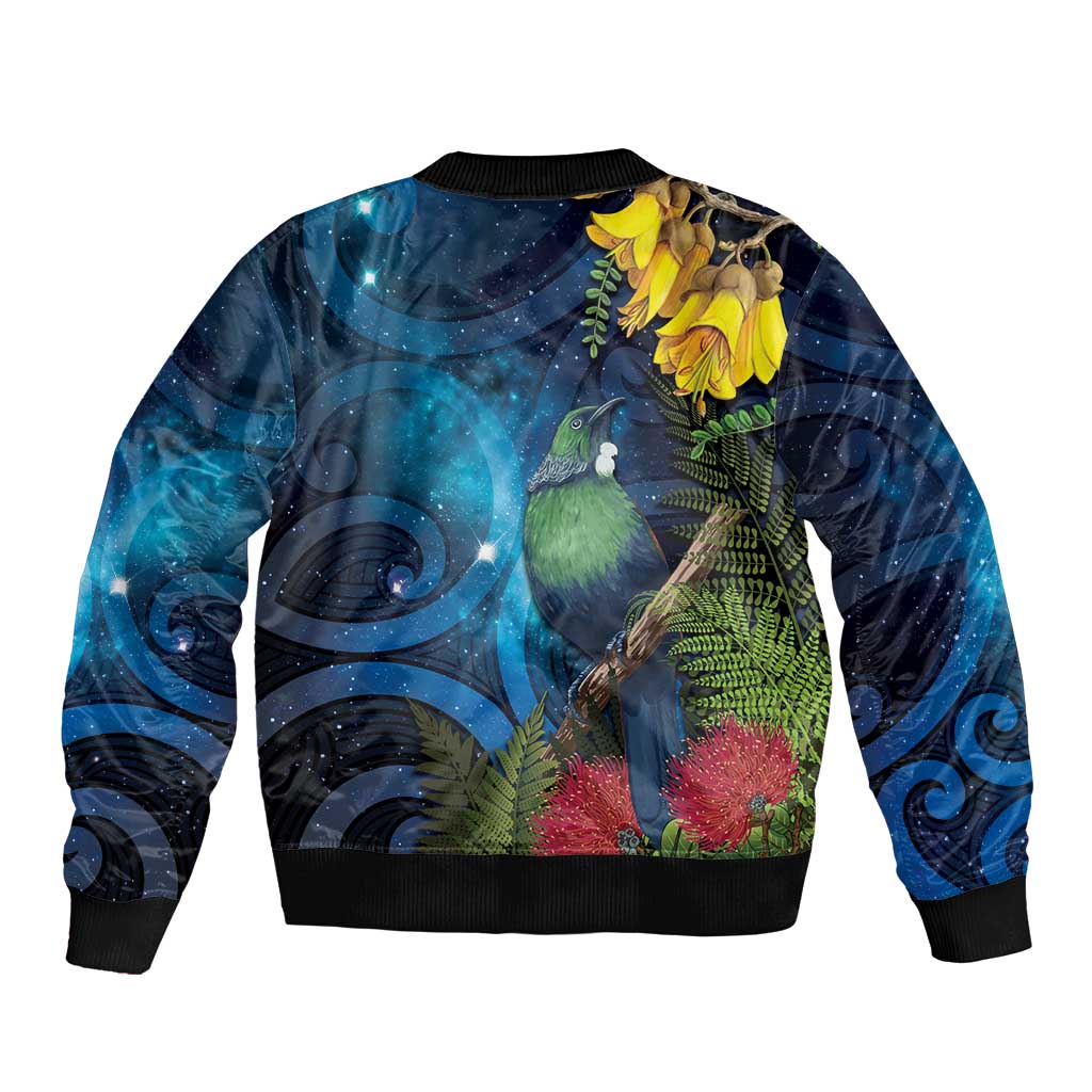 Tui Bird New Zealand Starry Sky Sleeve Zip Bomber Jacket Maori Koru