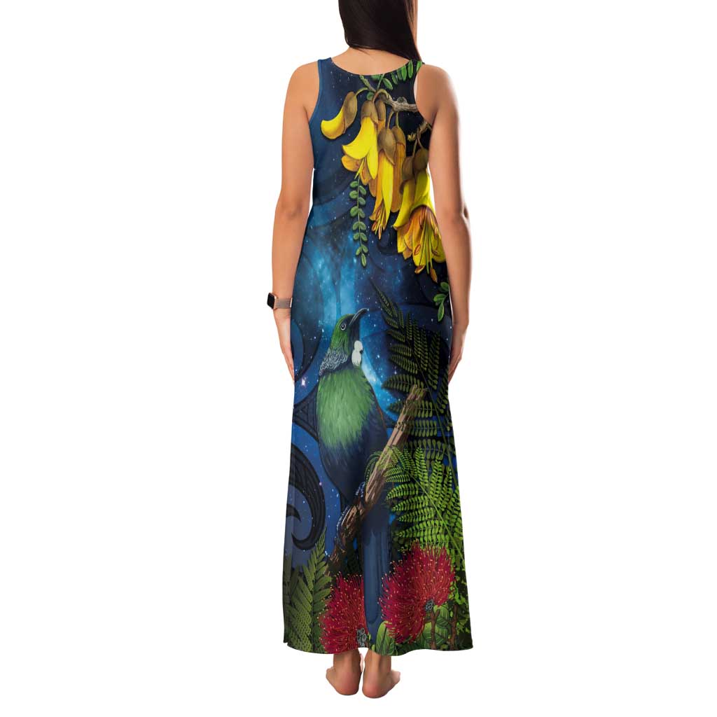 Tui Bird New Zealand Starry Sky Tank Maxi Dress Maori Koru LT7 - Polynesian Pride