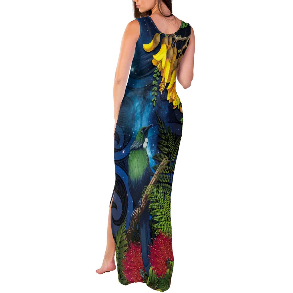 Tui Bird New Zealand Starry Sky Tank Maxi Dress Maori Koru LT7 - Polynesian Pride
