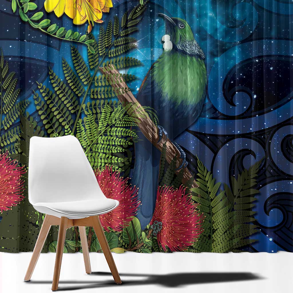 Tui Bird New Zealand Starry Sky Window Curtain Maori Koru