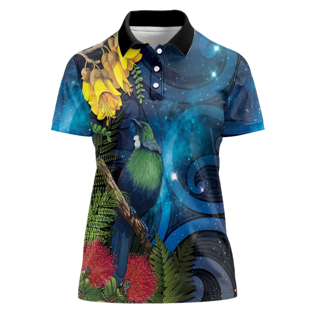 Tui Bird New Zealand Starry Sky Women Polo Shirt Maori Koru
