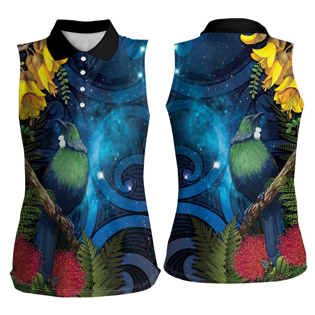 Tui Bird New Zealand Starry Sky Women Sleeveless Polo Shirt Maori Koru