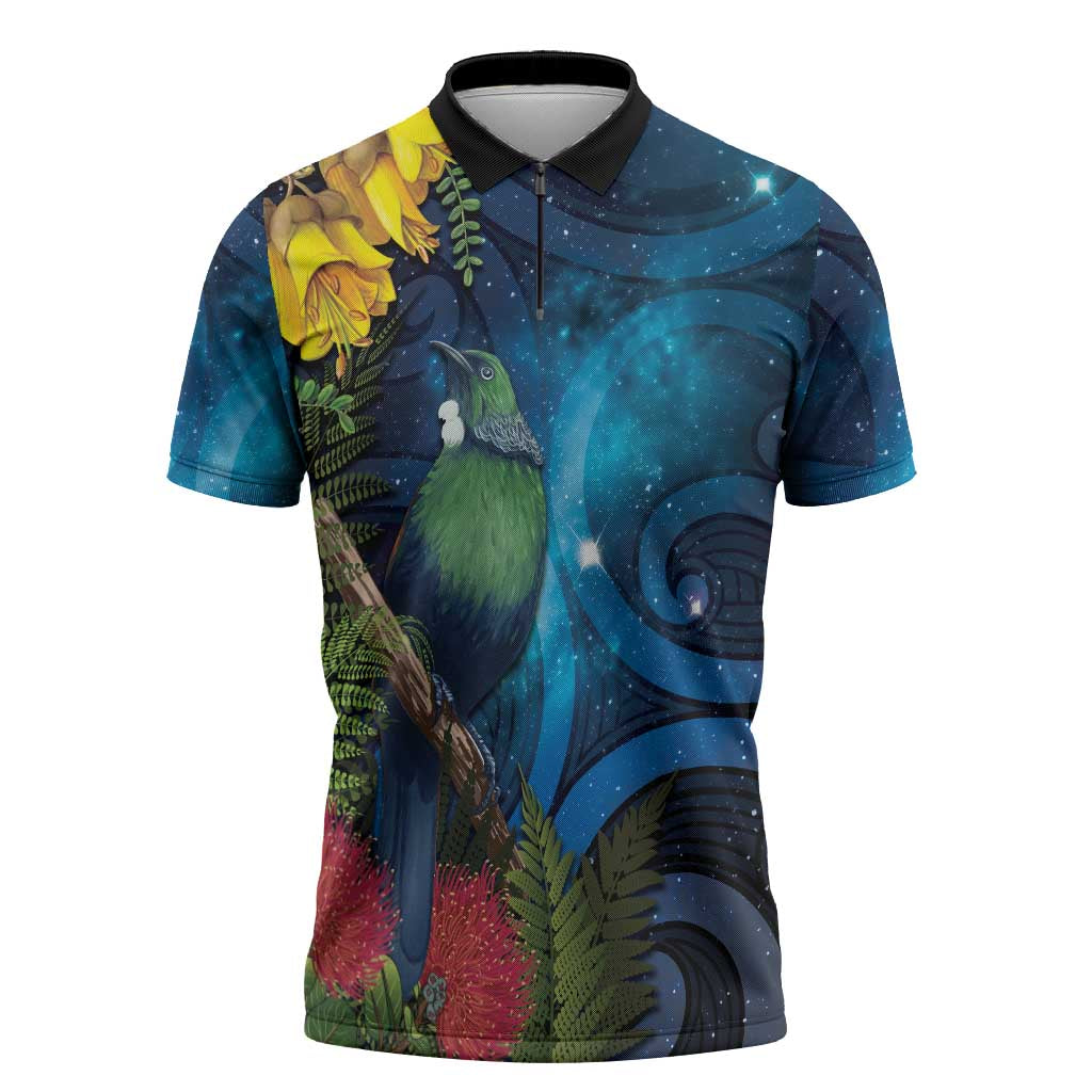 Tui Bird New Zealand Starry Sky Zipper Polo Shirt Maori Koru