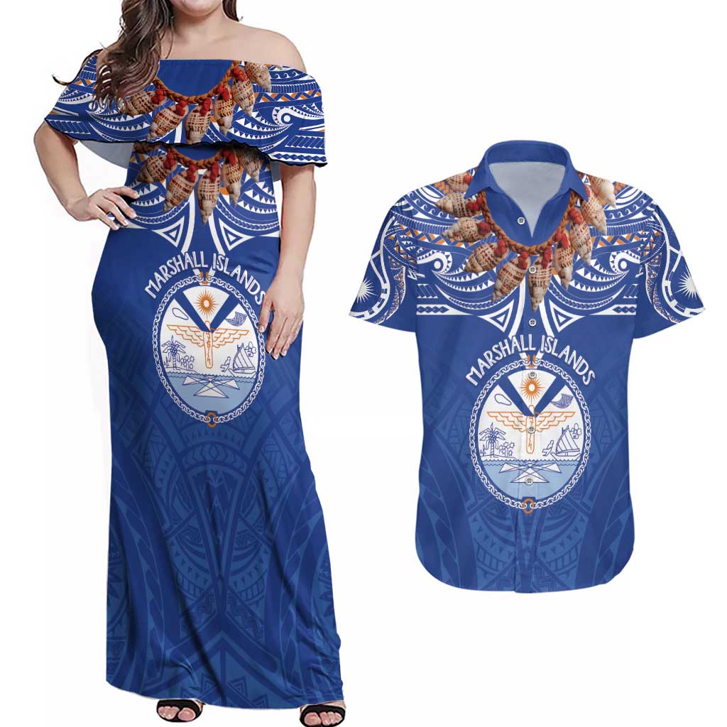 Yokwe Marshall Islands Personalized Couples Matching Off Shoulder Maxi Dress and Hawaiian Shirt Jemenei Day - Seashell Necklace LT7 Blue - Polynesian Pride