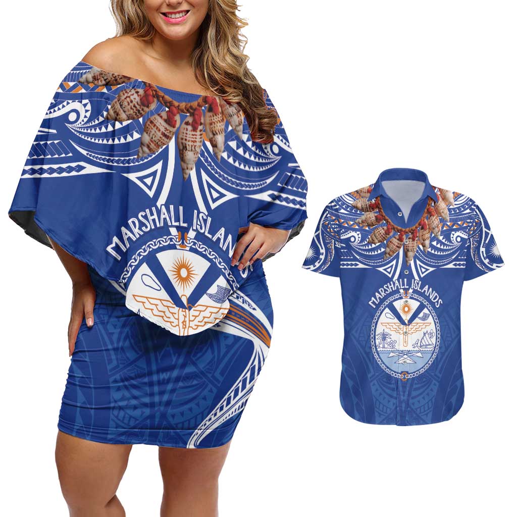Yokwe Marshall Islands Personalized Couples Matching Off Shoulder Short Dress and Hawaiian Shirt Jemenei Day - Seashell Necklace LT7 Blue - Polynesian Pride