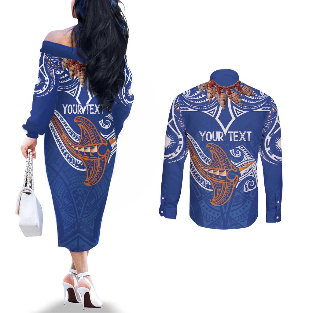 Yokwe Marshall Islands Personalized Couples Matching Off The Shoulder Long Sleeve Dress and Long Sleeve Button Shirt Jemenei Day - Seashell Necklace LT7 - Polynesian Pride