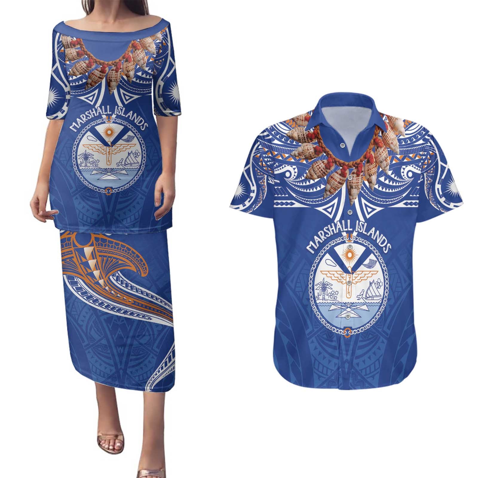 Yokwe Marshall Islands Personalized Couples Matching Puletasi and Hawaiian Shirt Jemenei Day - Seashell Necklace LT7 Blue - Polynesian Pride