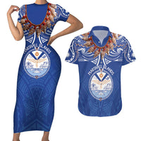 Yokwe Marshall Islands Personalized Couples Matching Short Sleeve Bodycon Dress and Hawaiian Shirt Jemenei Day - Seashell Necklace LT7 Blue - Polynesian Pride