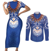 Yokwe Marshall Islands Personalized Couples Matching Short Sleeve Bodycon Dress and Long Sleeve Button Shirt Jemenei Day - Seashell Necklace LT7 Blue - Polynesian Pride