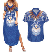 Yokwe Marshall Islands Personalized Couples Matching Summer Maxi Dress and Hawaiian Shirt Jemenei Day - Seashell Necklace LT7 Blue - Polynesian Pride