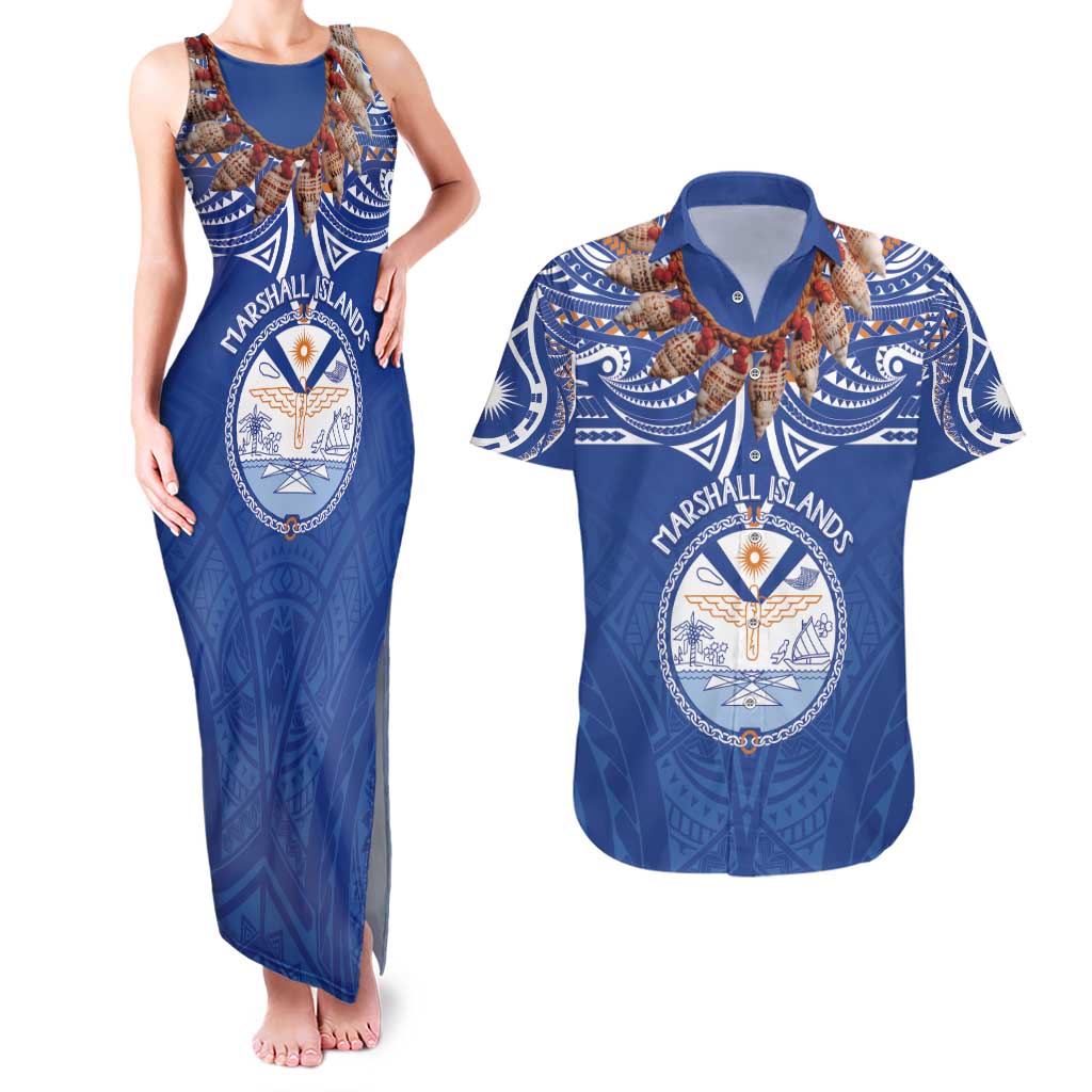 Yokwe Marshall Islands Personalized Couples Matching Tank Maxi Dress and Hawaiian Shirt Jemenei Day - Seashell Necklace LT7 Blue - Polynesian Pride