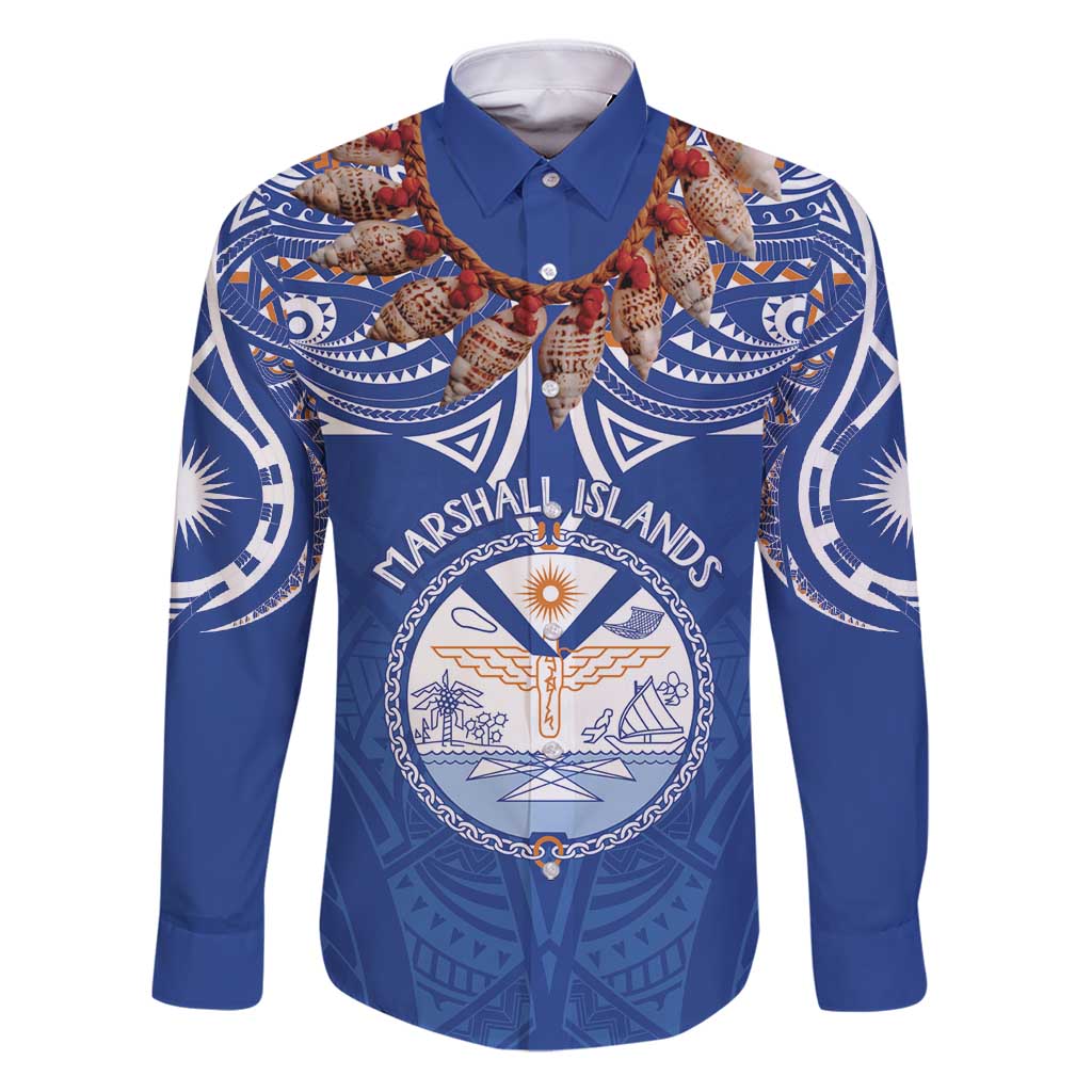 Yokwe Marshall Islands Personalized Family Matching Puletasi and Hawaiian Shirt Jemenei Day - Seashell Necklace LT7 Dad's Shirt - Long Sleeve Blue - Polynesian Pride