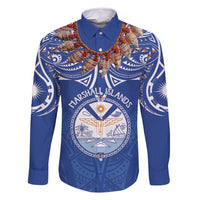 Yokwe Marshall Islands Personalized Family Matching Tank Maxi Dress and Hawaiian Shirt Jemenei Day - Seashell Necklace LT7 Dad's Shirt - Long Sleeve Blue - Polynesian Pride