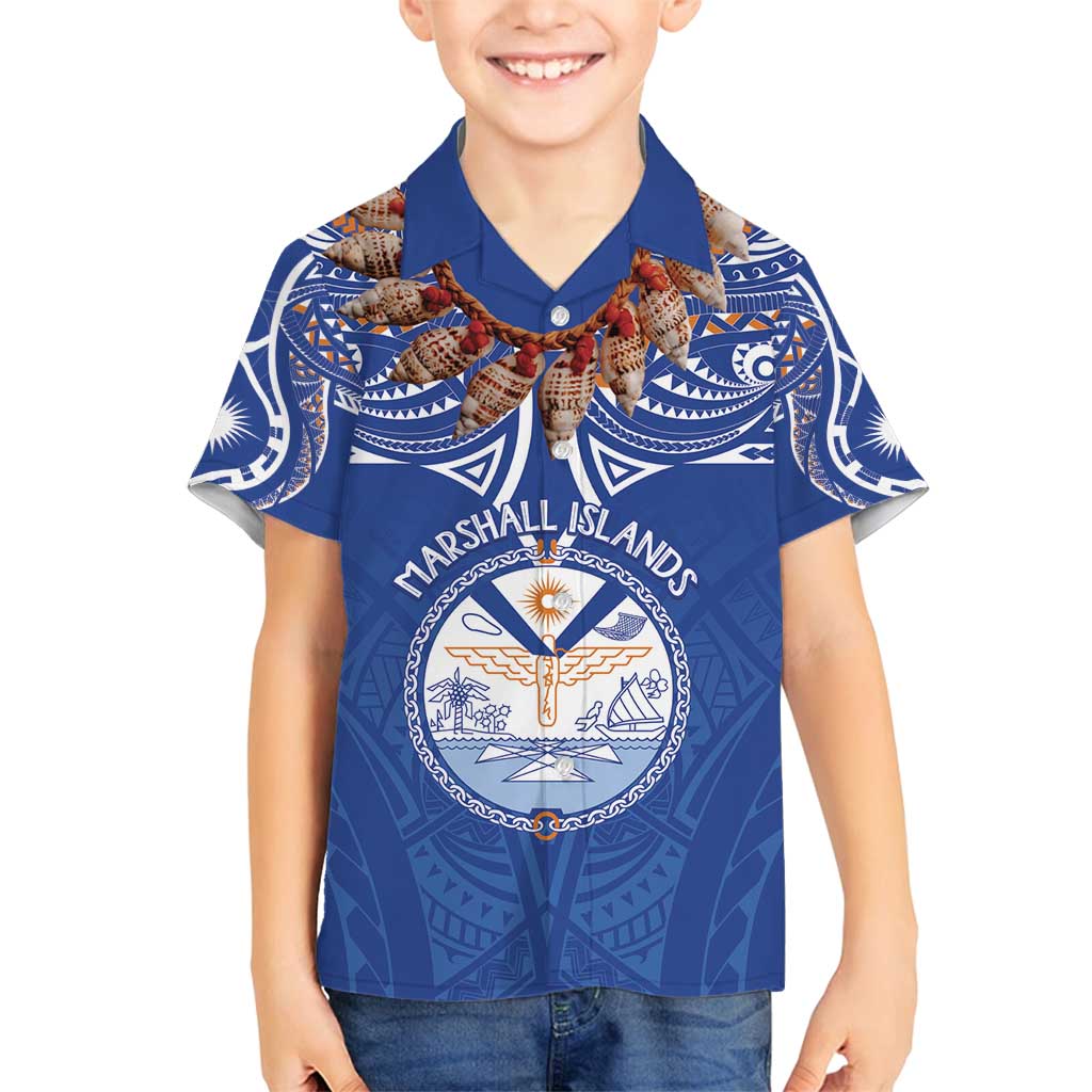 Yokwe Marshall Islands Personalized Family Matching Tank Maxi Dress and Hawaiian Shirt Jemenei Day - Seashell Necklace LT7 Son's Shirt Blue - Polynesian Pride