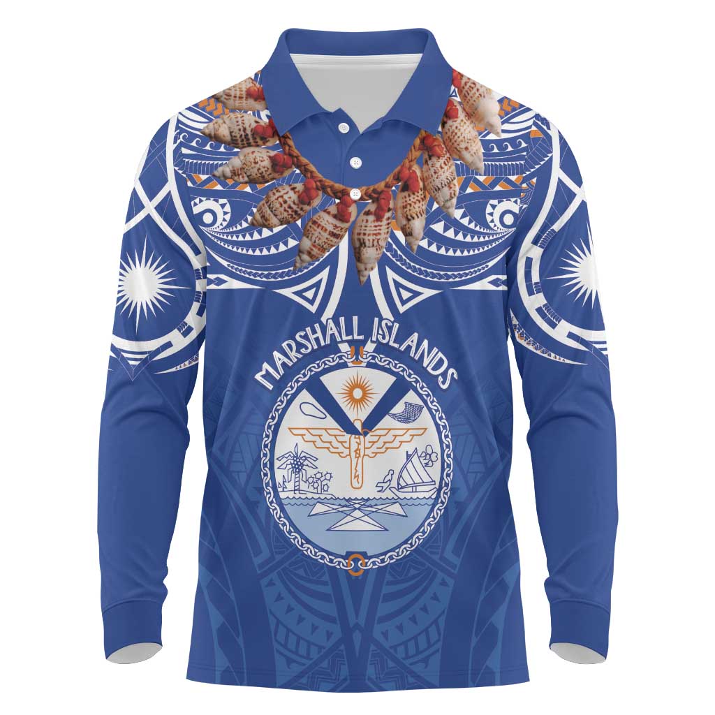 Yokwe Marshall Islands Personalized Long Sleeve Polo Shirt Jemenei Day - Seashell Necklace LT7 Blue - Polynesian Pride