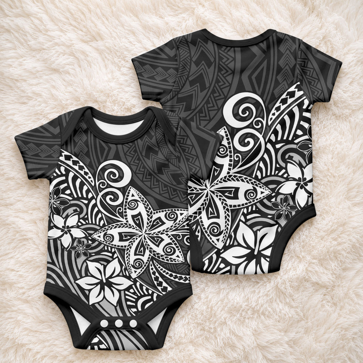 Polynesia Baby Onesie Plumeria Black Curves