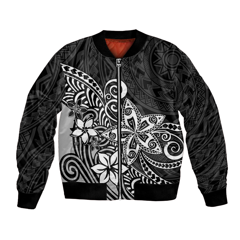 Polynesia Bomber Jacket Plumeria Black Curves LT7 Unisex Black - Polynesian Pride