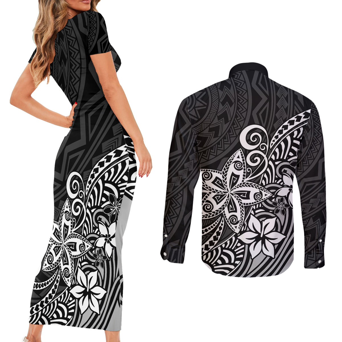 Polynesia Couples Matching Short Sleeve Bodycon Dress and Long Sleeve Button Shirts Plumeria Black Curves LT7 - Polynesian Pride