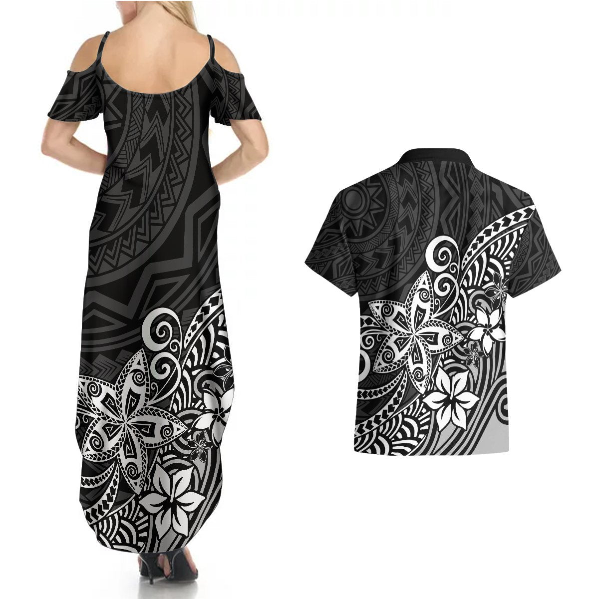 Polynesia Couples Matching Summer Maxi Dress and Hawaiian Shirt Plumeria Black Curves LT7 - Polynesian Pride
