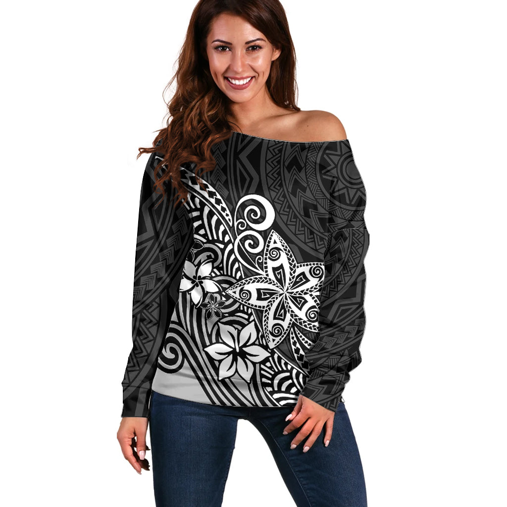 Polynesia Off Shoulder Sweater Plumeria Black Curves LT7 Women Black - Polynesian Pride