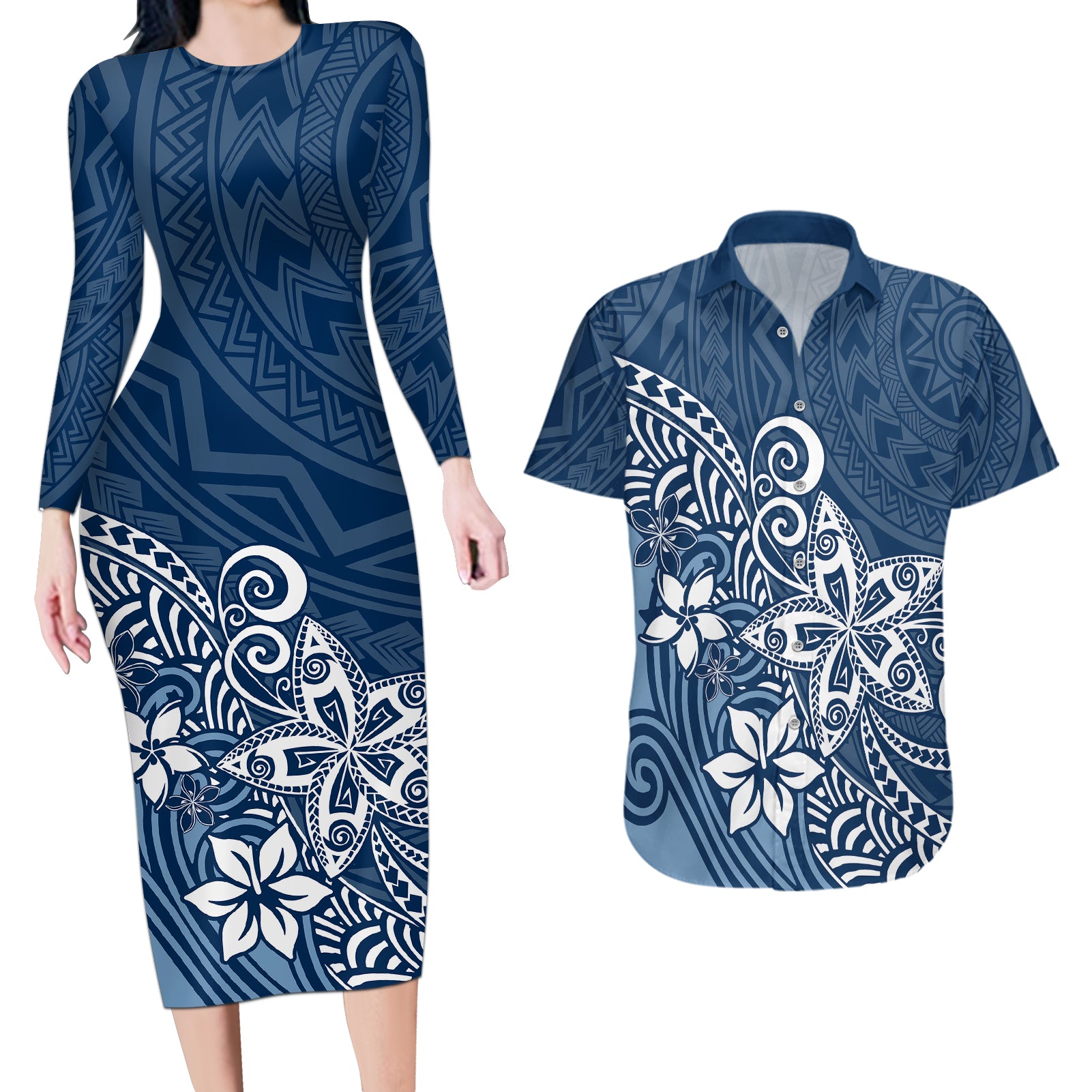 Polynesia Couples Matching Long Sleeve Bodycon Dress and Hawaiian Shirt Plumeria Blue Curves LT7 Blue - Polynesian Pride