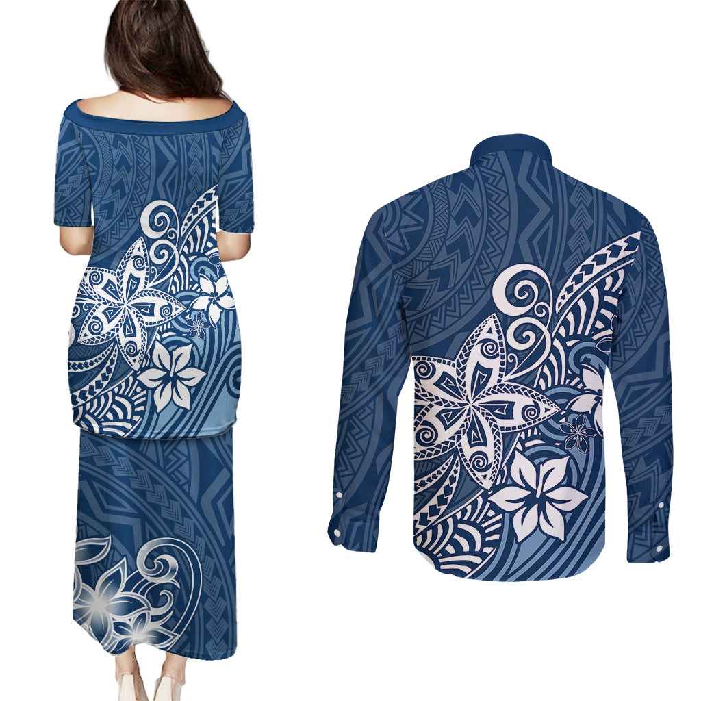 Polynesia Couples Matching Puletasi Dress and Long Sleeve Button Shirts Plumeria Blue Curves LT7 - Polynesian Pride