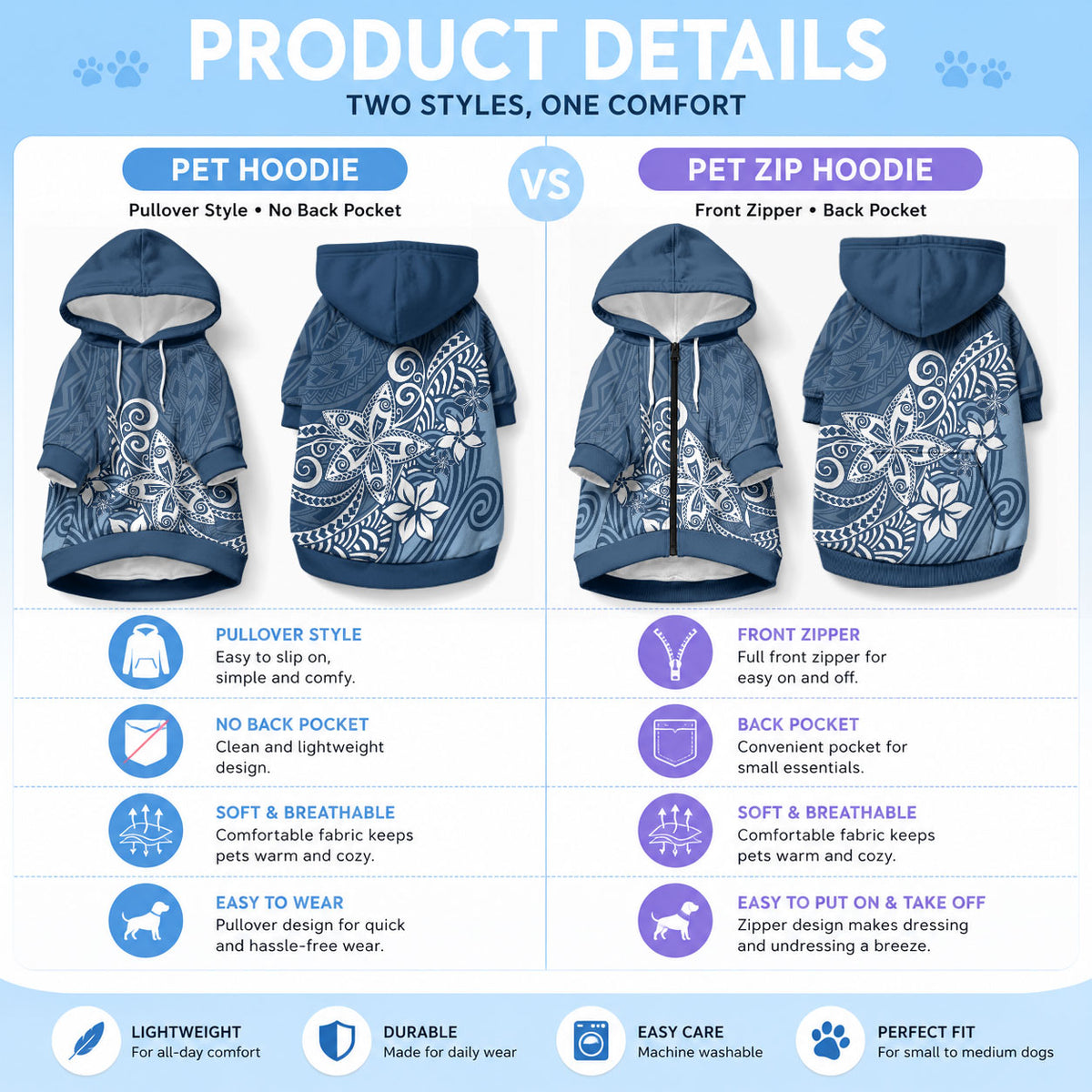 Polynesia Pet Hoodie Plumeria Blue Curves