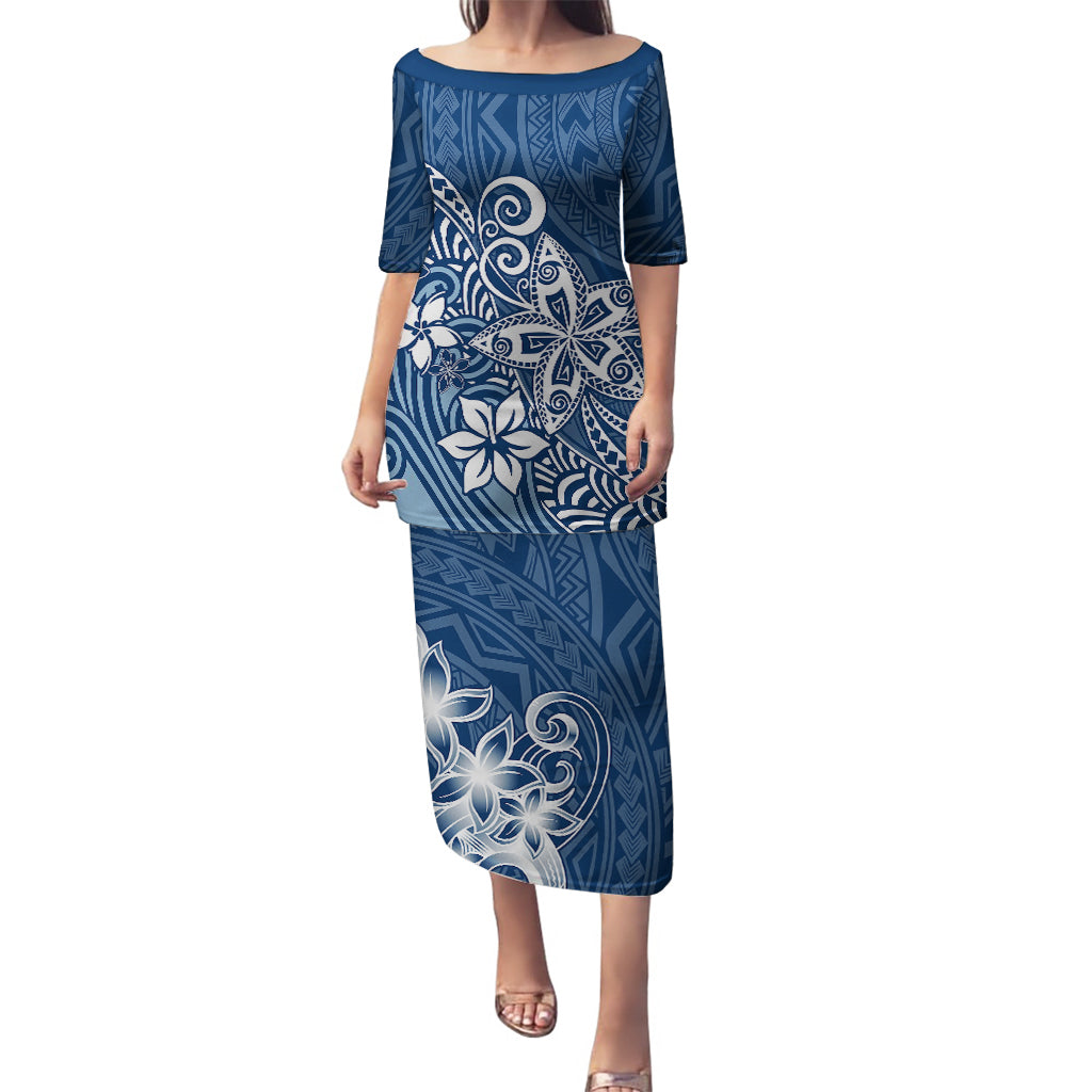 Polynesia Puletasi Plumeria Blue Curves LT7 Long Dress Blue - Polynesian Pride