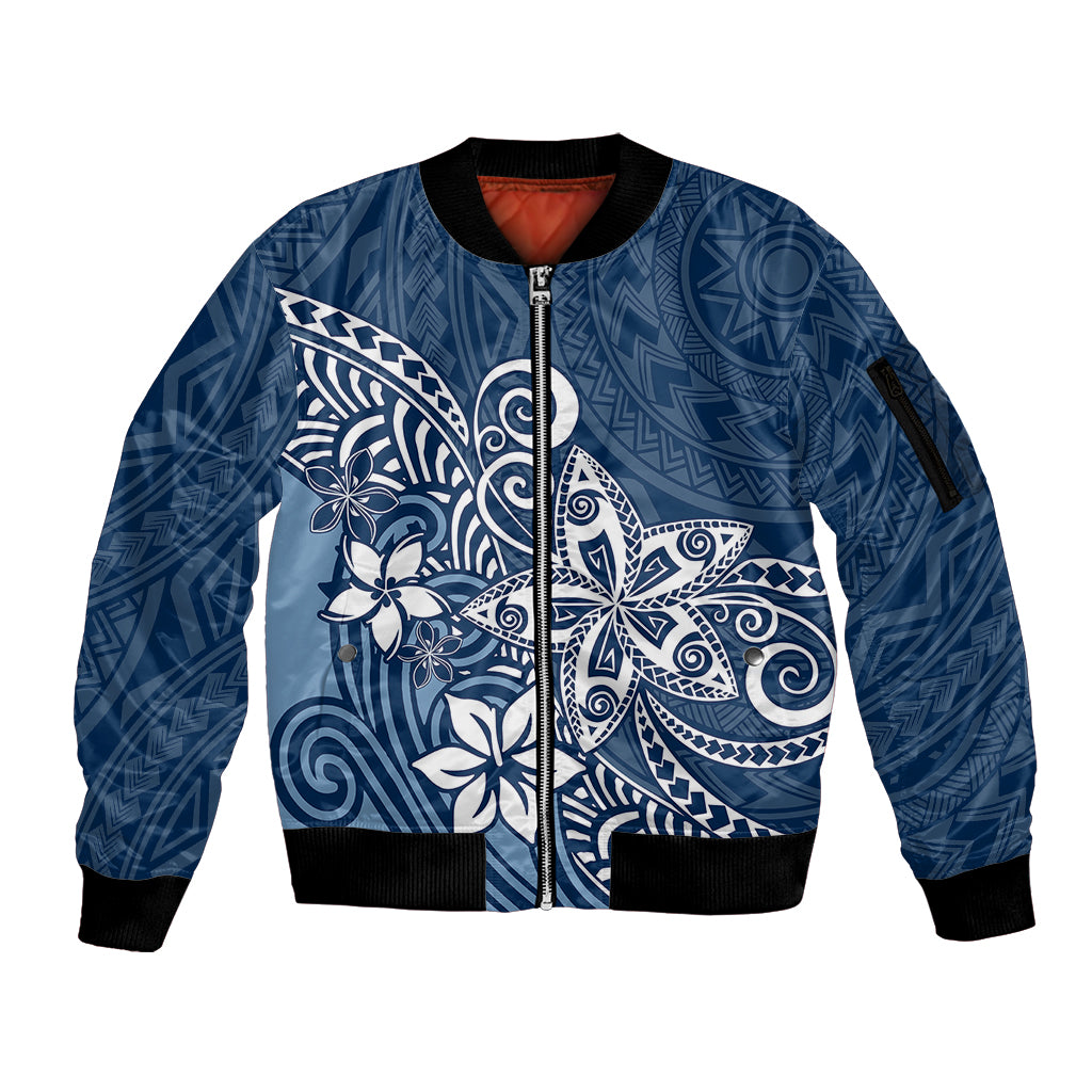 Polynesia Sleeve Zip Bomber Jacket Plumeria Blue Curves LT7 Unisex Blue - Polynesian Pride
