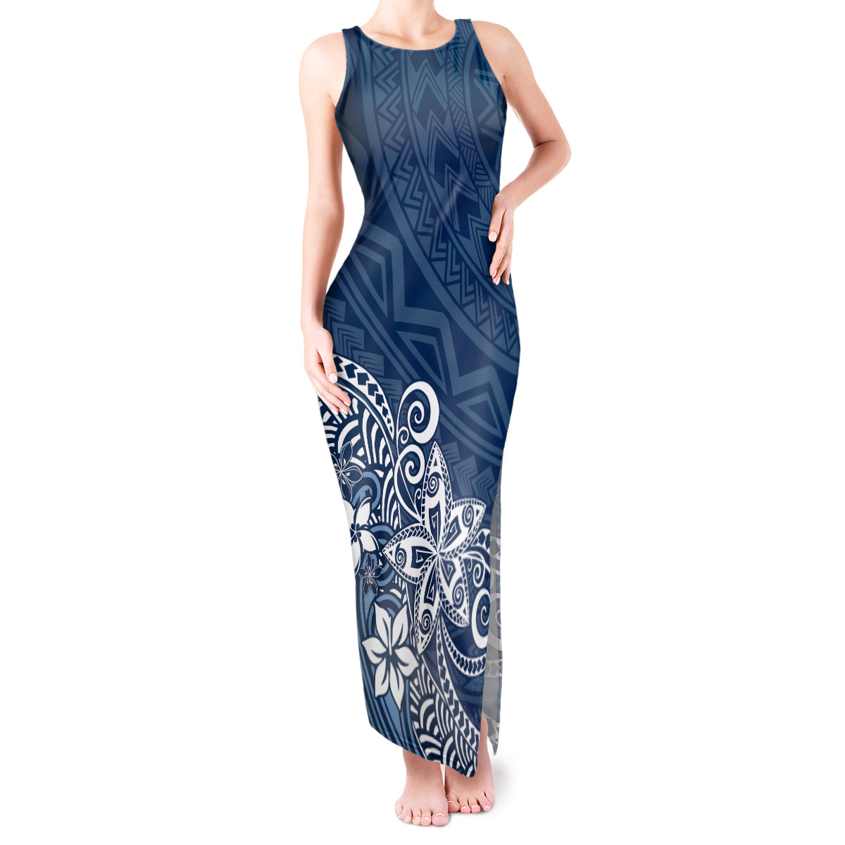 Polynesia Tank Maxi Dress Plumeria Blue Curves LT7 Women Blue - Polynesian Pride