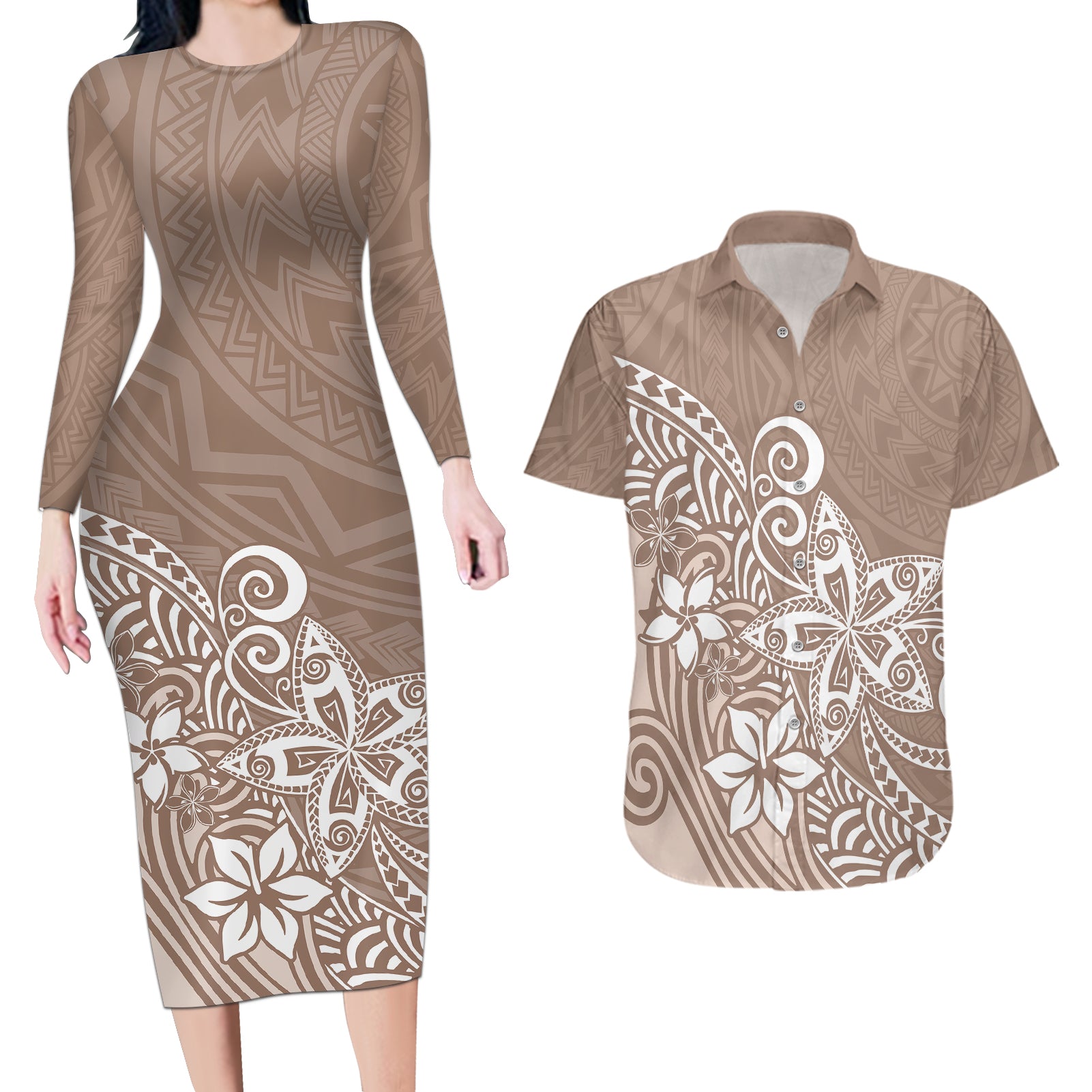 Polynesia Couples Matching Long Sleeve Bodycon Dress and Hawaiian Shirt Plumeria Beige Curves LT7 Beige - Polynesian Pride