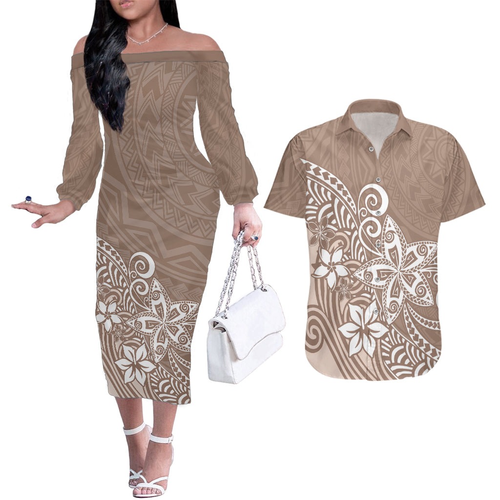 Polynesia Couples Matching Off The Shoulder Long Sleeve Dress and Hawaiian Shirt Plumeria Beige Curves LT7 Beige - Polynesian Pride