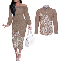 Polynesia Couples Matching Off The Shoulder Long Sleeve Dress and Long Sleeve Button Shirts Plumeria Beige Curves LT7 Beige - Polynesian Pride