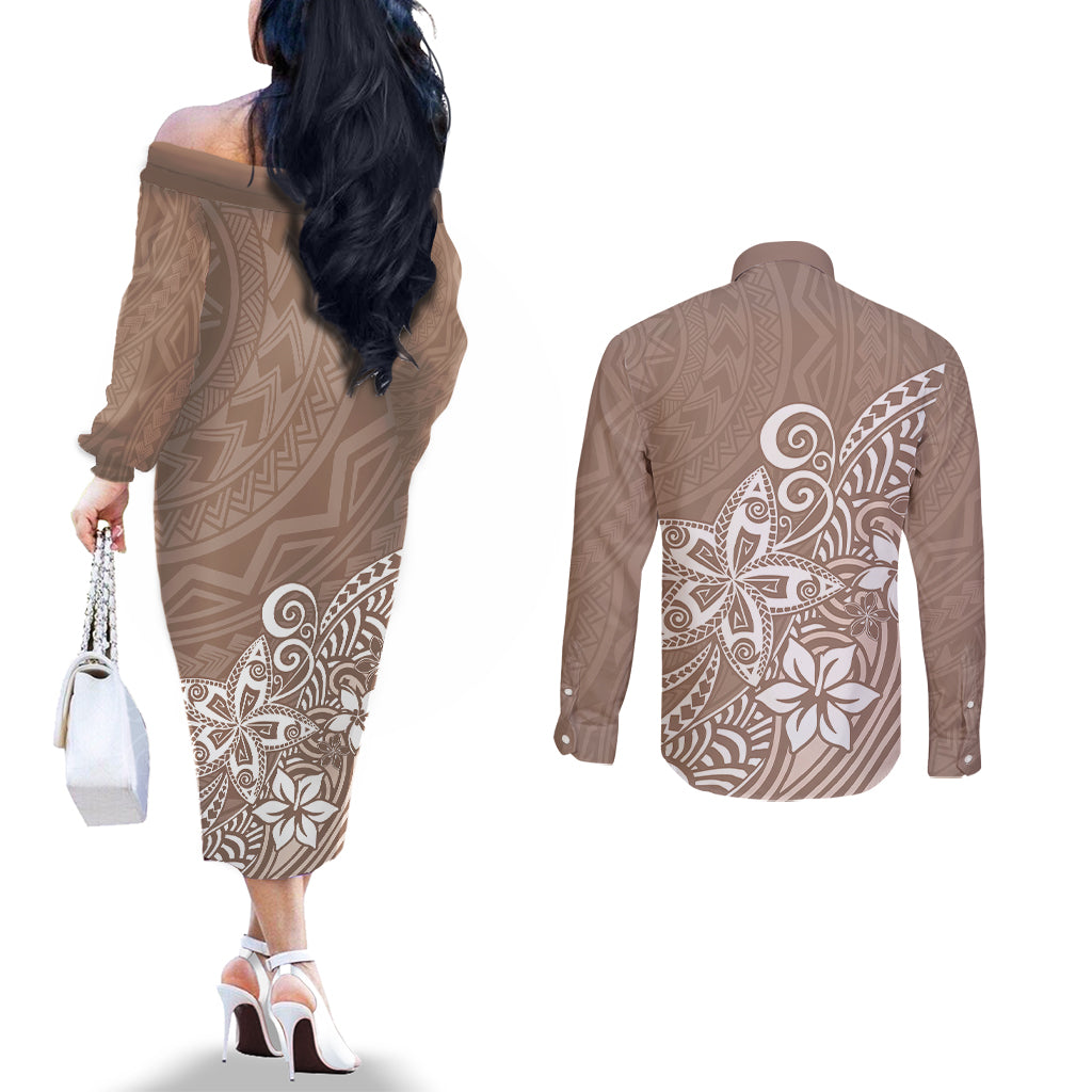 Polynesia Couples Matching Off The Shoulder Long Sleeve Dress and Long Sleeve Button Shirts Plumeria Beige Curves LT7 - Polynesian Pride