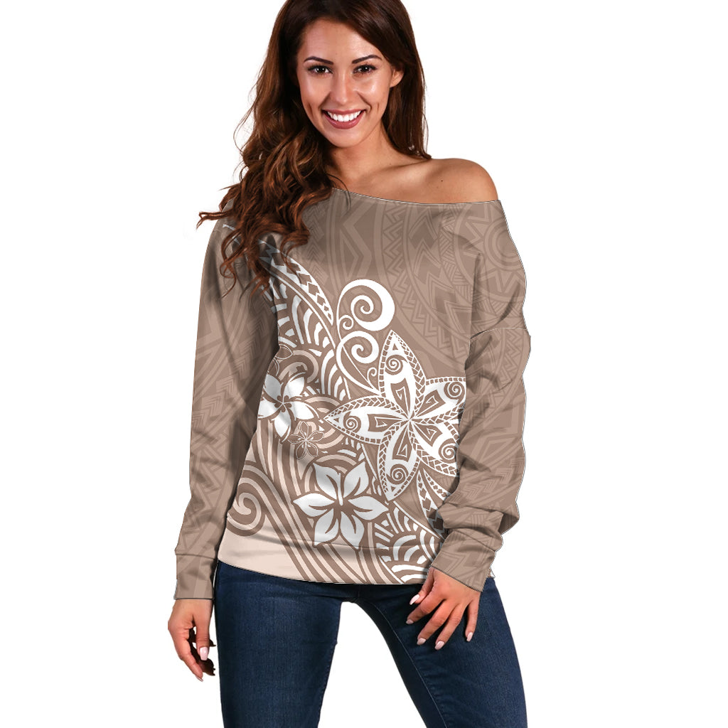 Polynesia Off Shoulder Sweater Plumeria Beige Curves LT7 Women Beige - Polynesian Pride