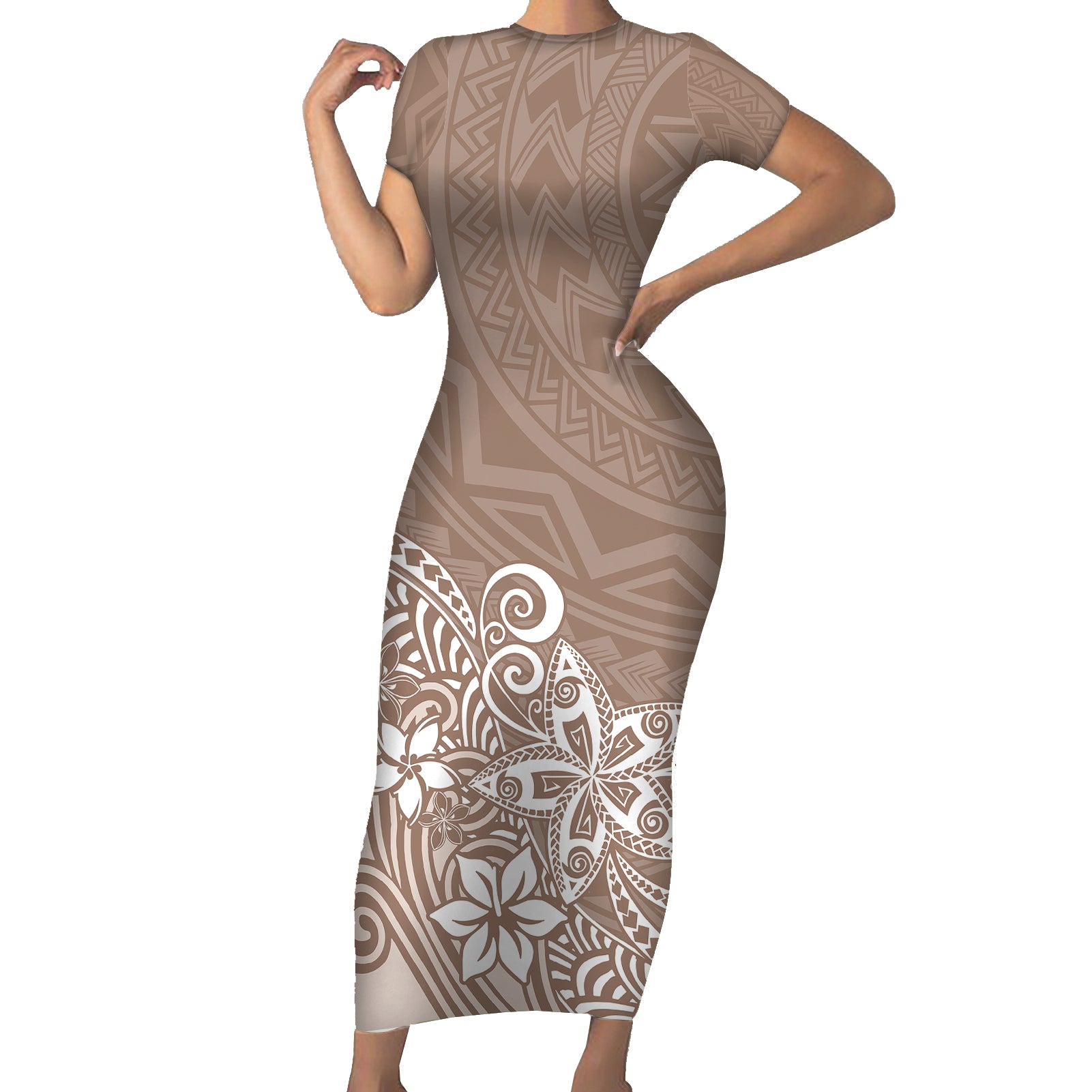 Polynesia Short Sleeve Bodycon Dress Plumeria Beige Curves LT7 Long Dress Beige - Polynesian Pride