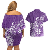 Polynesia Couples Matching Off Shoulder Short Dress and Hawaiian Shirt Plumeria Purple Curves LT7 - Polynesian Pride