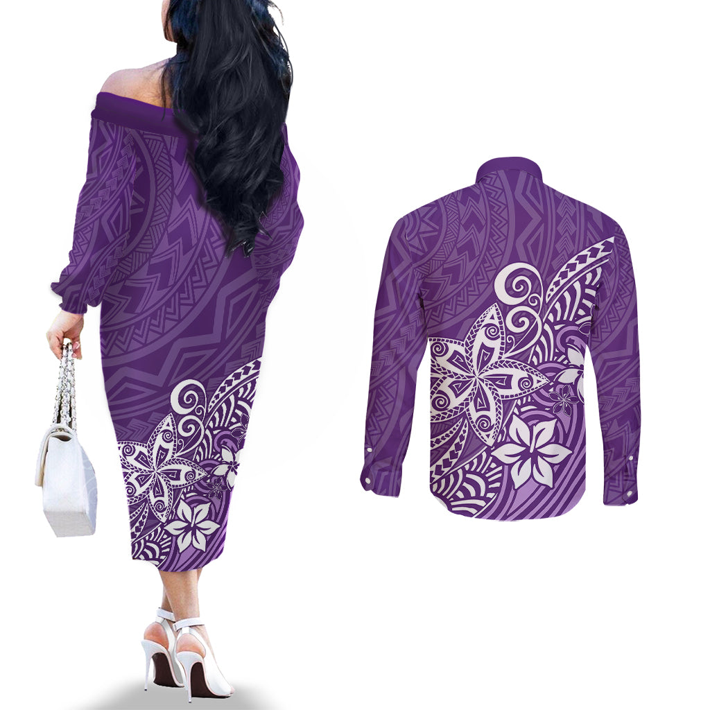 Polynesia Couples Matching Off The Shoulder Long Sleeve Dress and Long Sleeve Button Shirts Plumeria Purple Curves LT7 - Polynesian Pride
